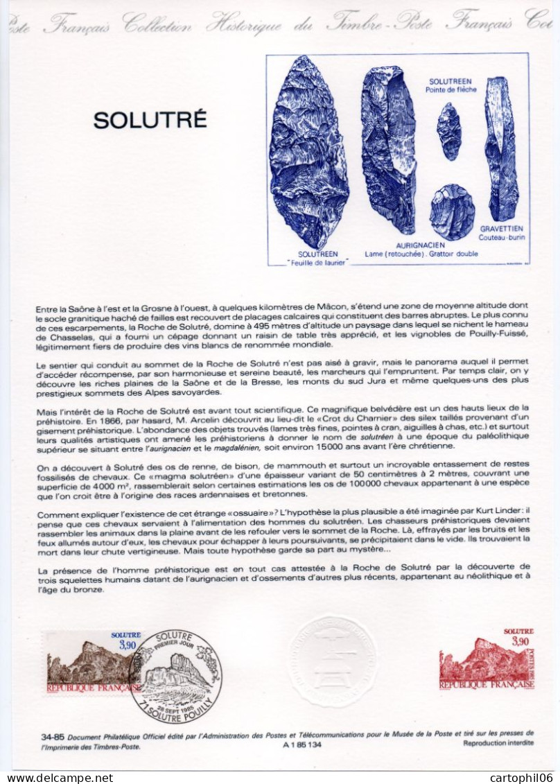 - Document Premier Jour SOLUTRÉ POUILLY 28.9.1985 - - Documents Of Postal Services