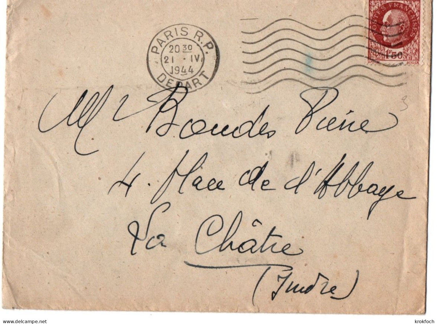 Paris RP Départ 21.04.1944 - Flamme à 7 Vagues Sur Pétain - Mechanical Postmarks (Other)