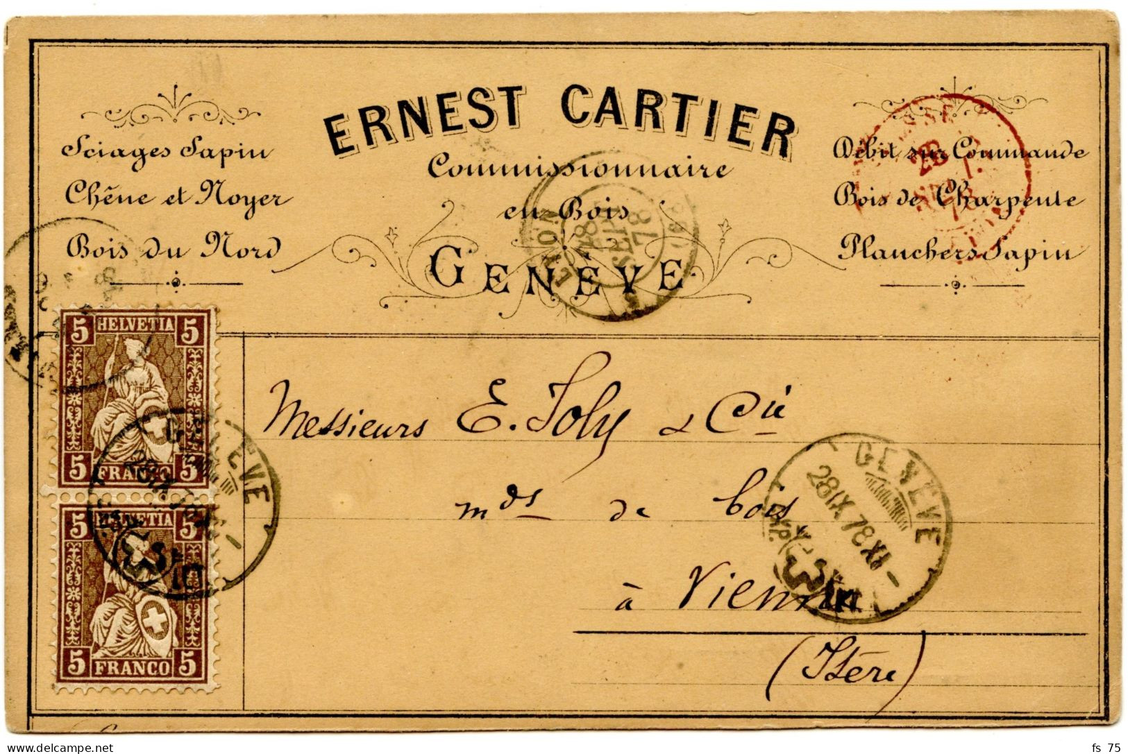 SUISSE - SBK 30 X 2 5C BRUN SUR CARTE PRIVEE ERNEST CARTIER GENEVE, 1878 - Covers & Documents