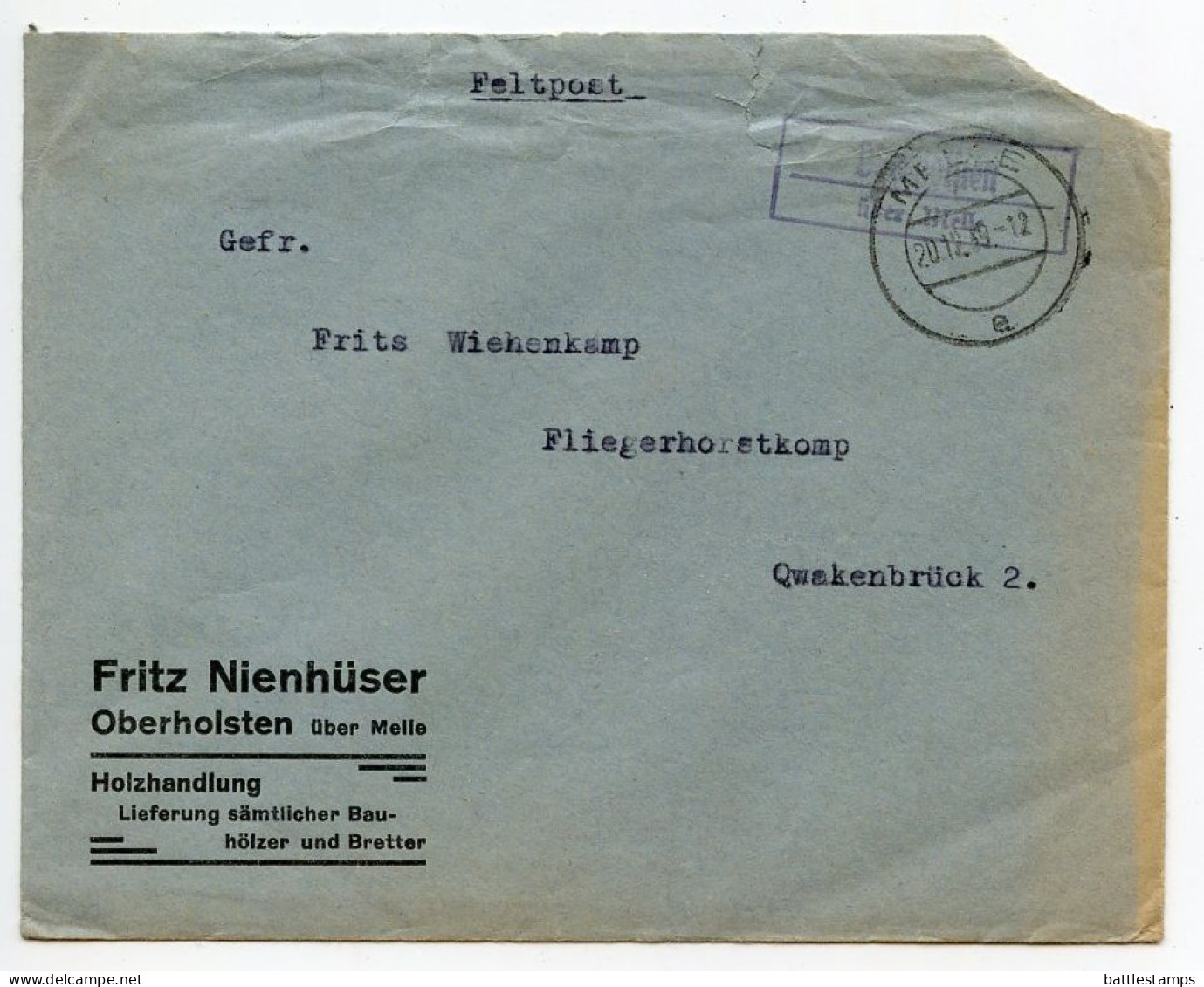 Germany 1939 WWII Feldpost Cover; Oberholsten über Melle To Quakenbrück, Fliegerhorstkomp (Air Base Comp) - Feldpost World War II