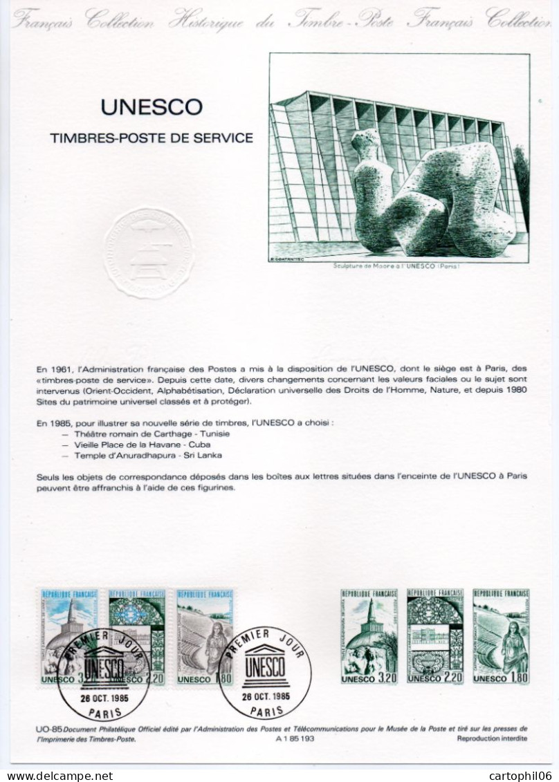 - Document Premier Jour UNESCO - TIMBRES-POSTE DE SERVICE - PARIS 26.10.1985 - - UNESCO