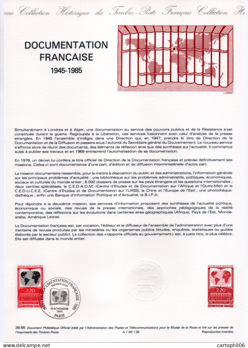 - Document Premier Jour LA DOCUMENTATION FRANCAISE 1945-1985 - - Documents Of Postal Services