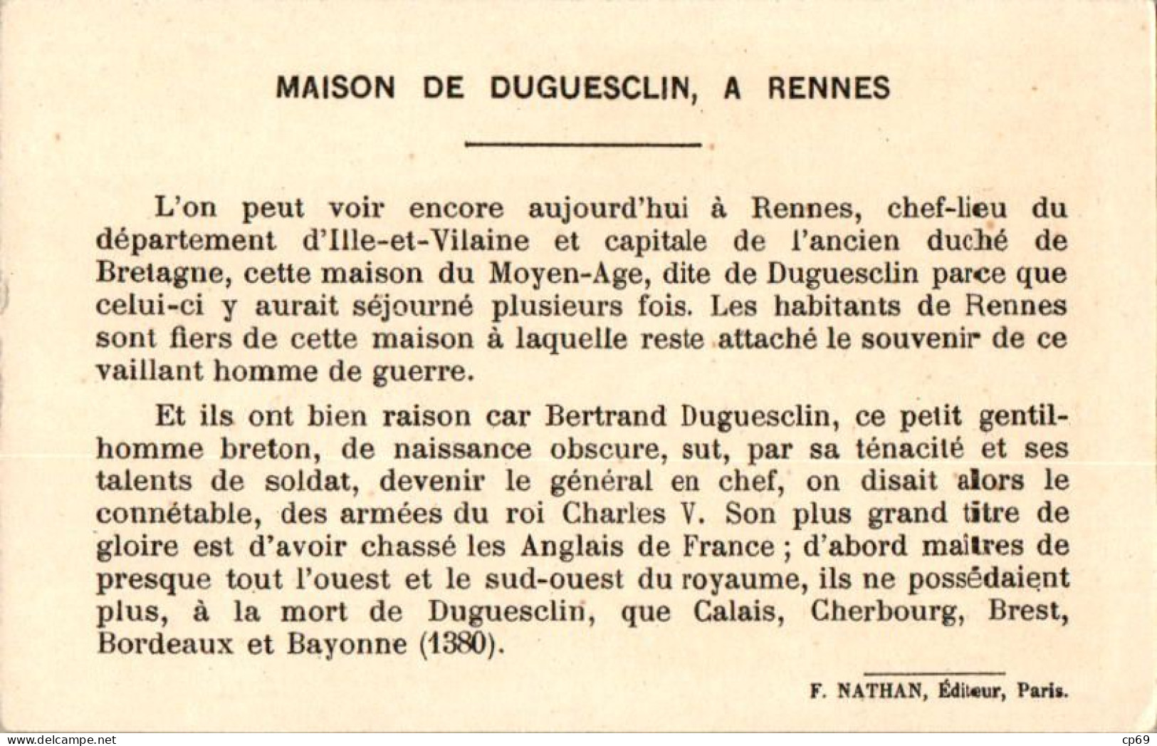 Image N°66 Maison Dite De Duguesclin Département De L'ille-et-Vilaine (35) Texte Au Dos En TB.Etat - Sonstige & Ohne Zuordnung