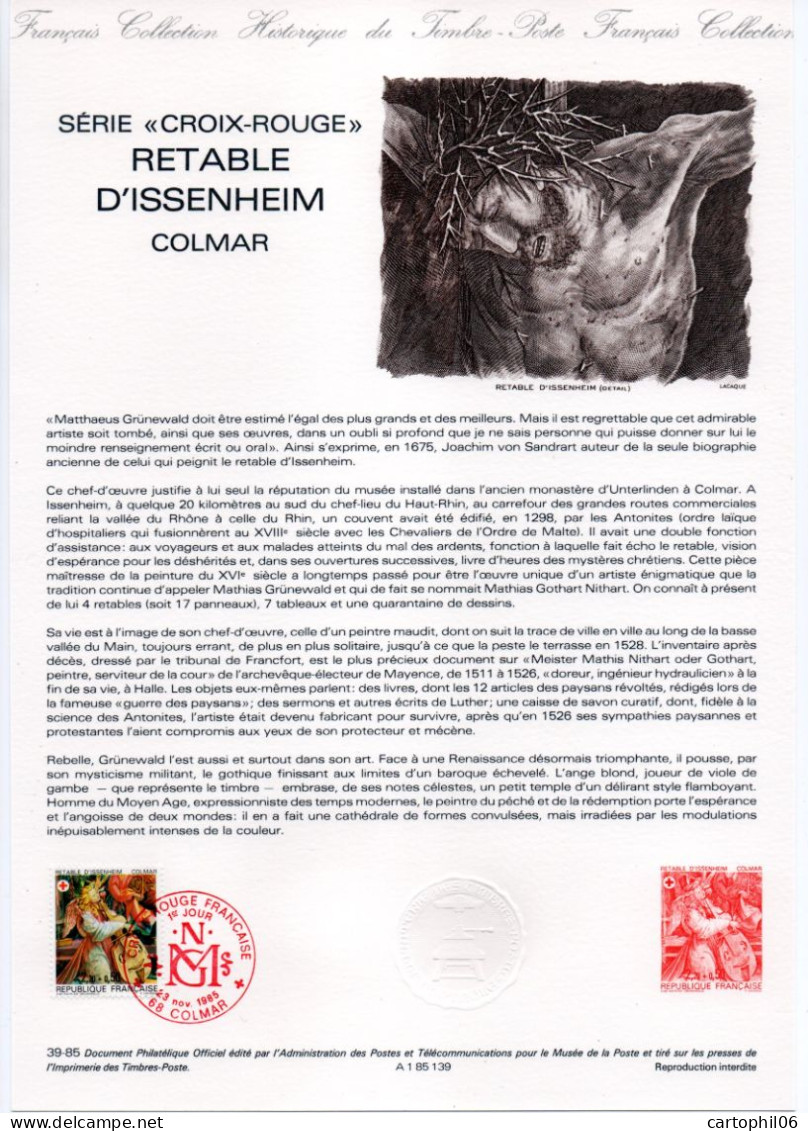 - Document Premier Jour CROIX-ROUGE - LE RETABLE D'ISSENHEIM - COLMAR 23.11.1985 - - Croce Rossa