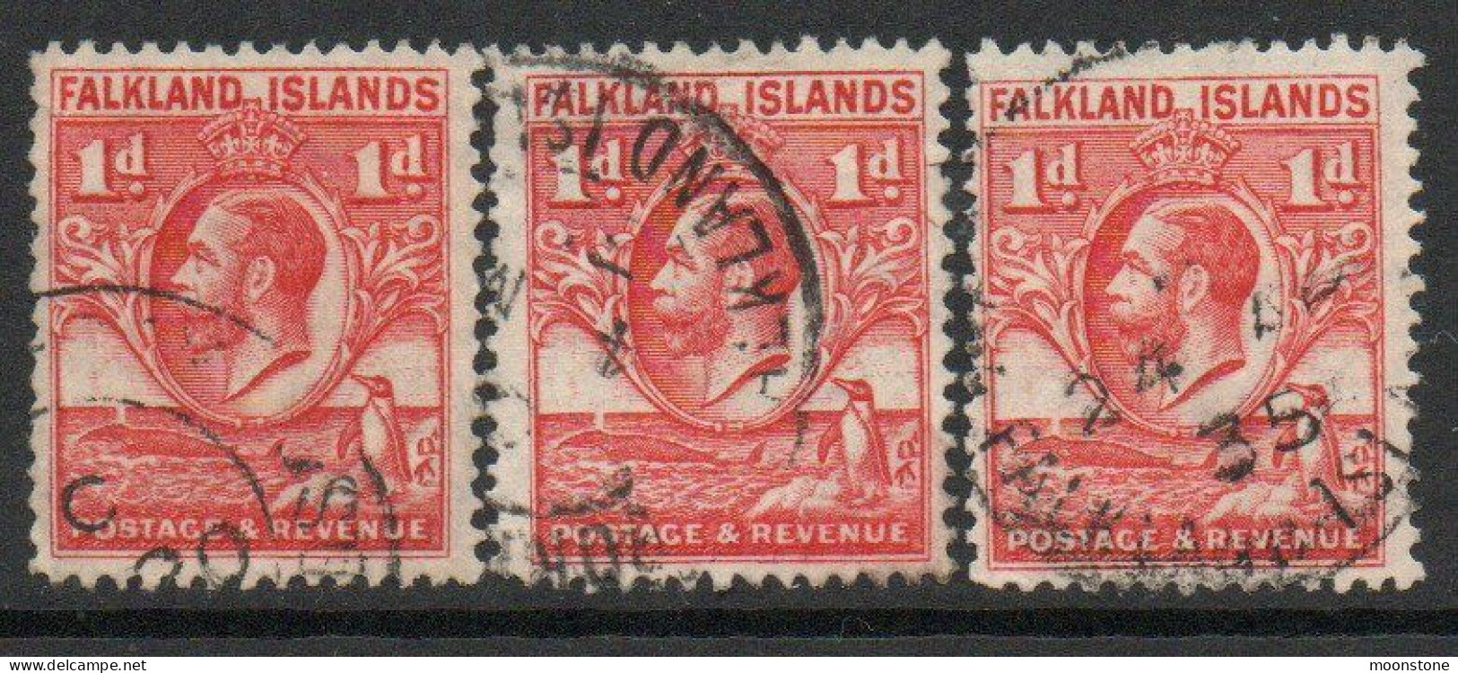 Falkland Islands GV 1929-37 'Whale & Penguin' 1d Value X 3, Wmk. Multiple Script CA, Used, SG 117 - Falkland Islands