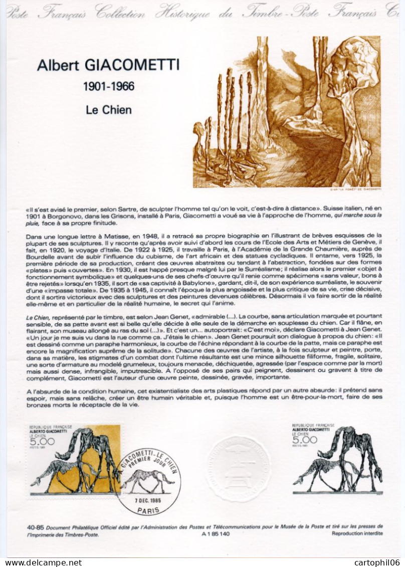 - Document Premier Jour ALBERT GIACOMETTI (1901-1966) - Le Chien - PARIS 7.12.1985 - - Skulpturen