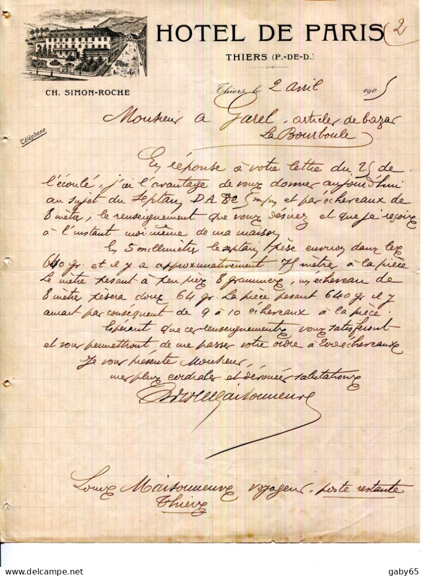 FACTURE.63.THIERS.HOTEL DE PARIS.CH.SIMON-ROCHE PROPRIÉTAIRE. - Altri & Non Classificati