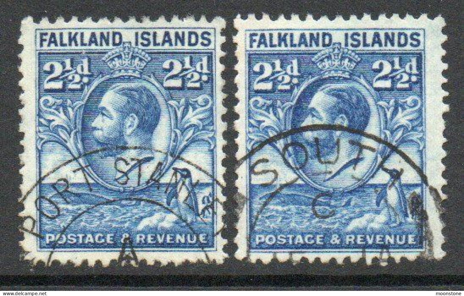 Falkland Islands GV 1929-37 'Whale & Penguin' 2½d Value X 2, Wmk. Multiple Script CA, Used, SG 119 - Falkland
