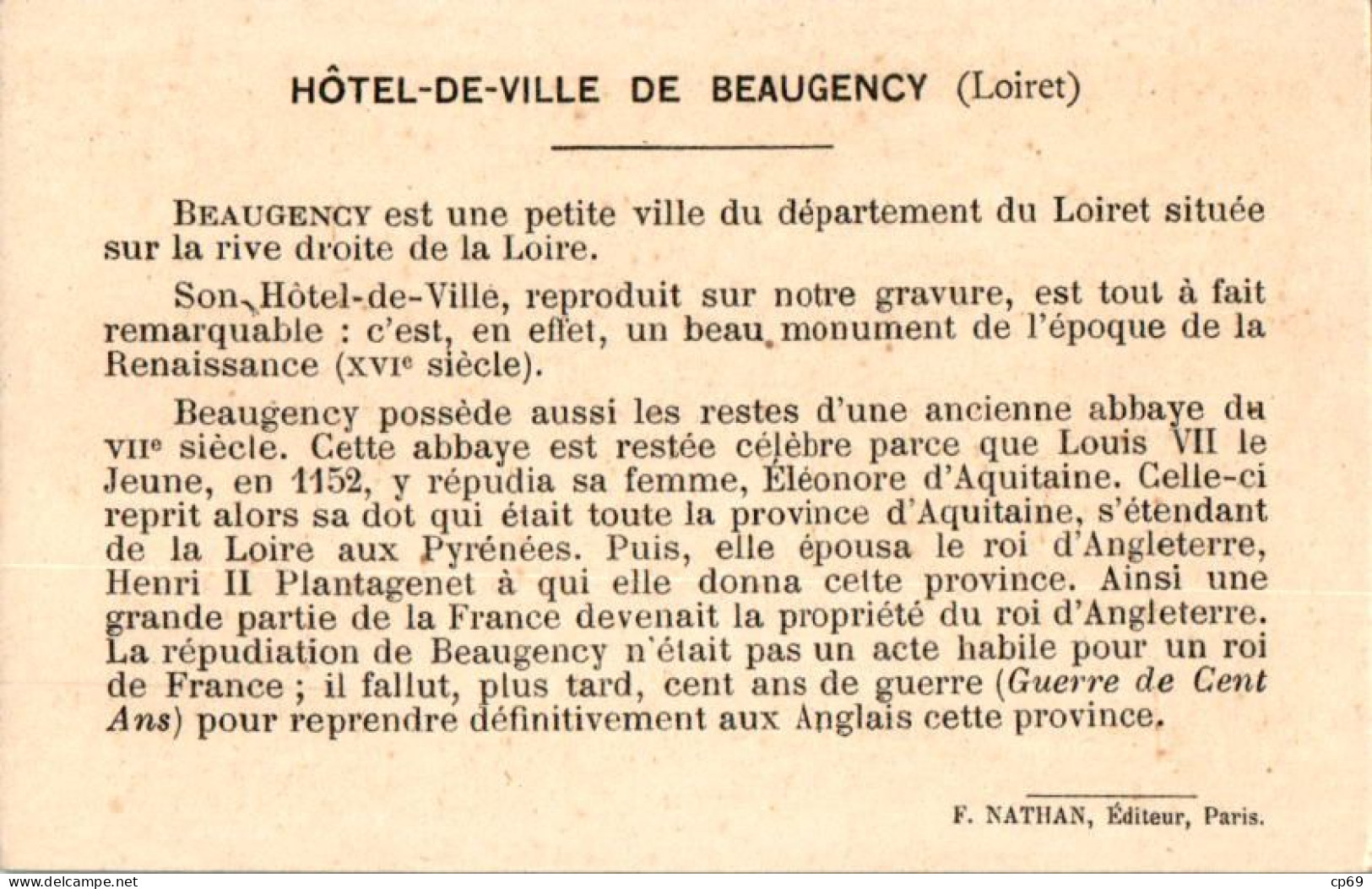 Image N°71 Hôtel-de-Ville De Beaugency Département Du Loiret (45) Texte Au Dos En TB.Etat - Otros & Sin Clasificación