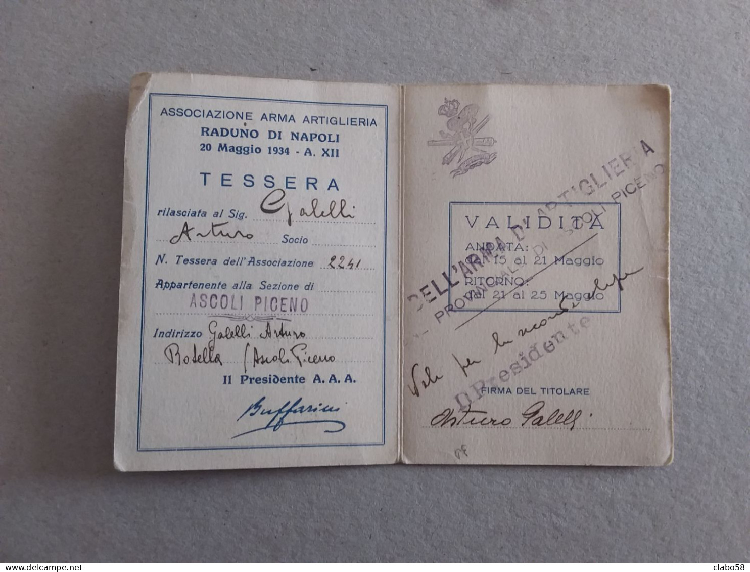 NAPOLI 1920 III RADUNO NAZIONALE ARTIGLIERI  TESSERA ASSOCIATIVA - Mitgliedskarten