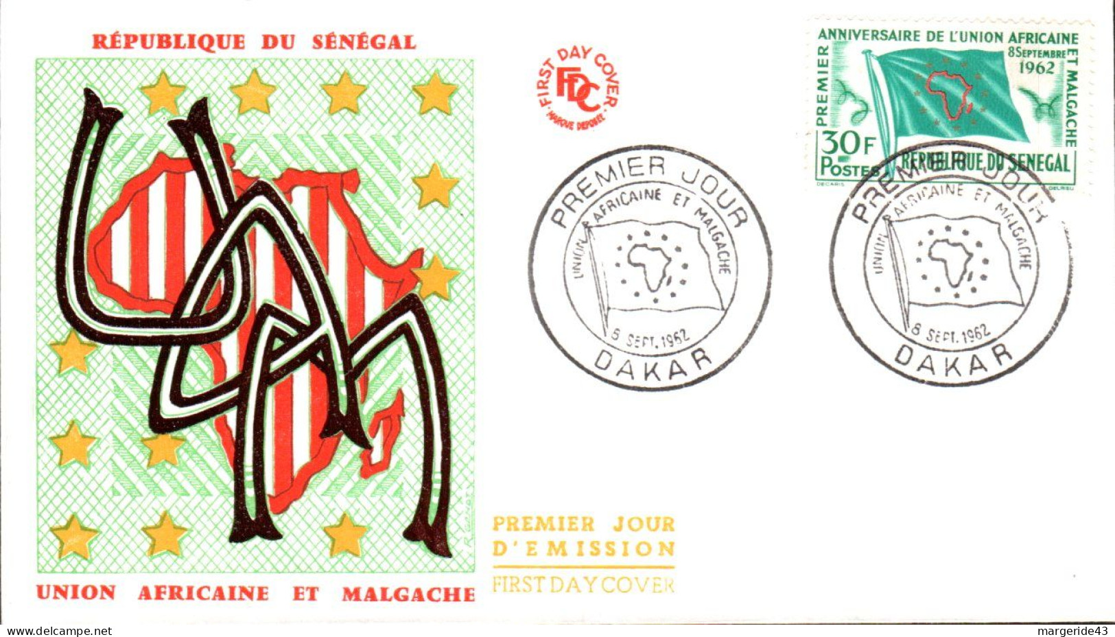 SENEGAL FDC 1962 UNION AFRICAINE ET MALGACHE - Sénégal (1960-...)
