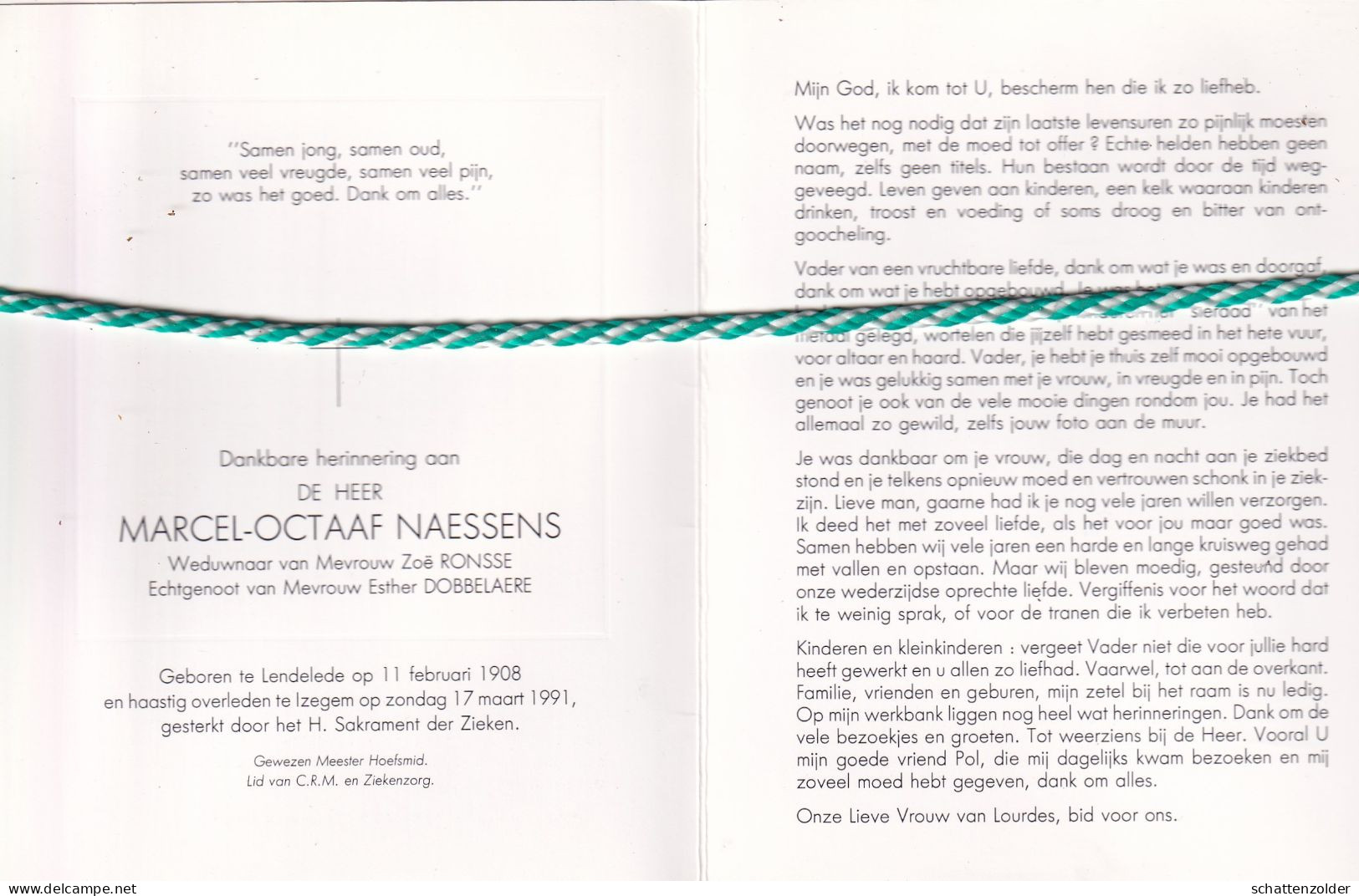 Marcel Octaaf Naessens-Ronsse-Dobbelaere, Lendelede 1908, Izegem 1991. Meester Hoefsmid; Foto - Todesanzeige