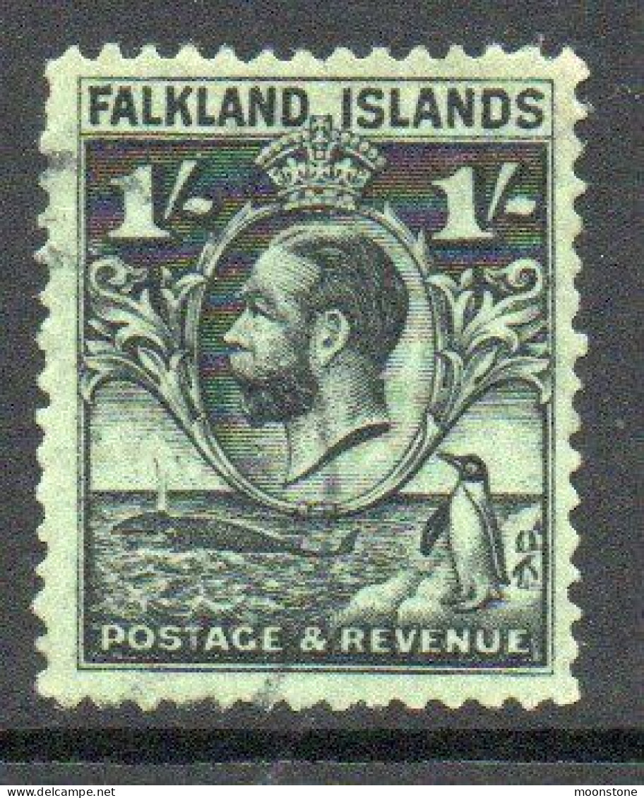 Falkland Islands GV 1929-37 'Whale & Penguin' 1/- Value, Line Perf, Wmk. Multiple Script CA, Used, SG 122a - Falklandinseln