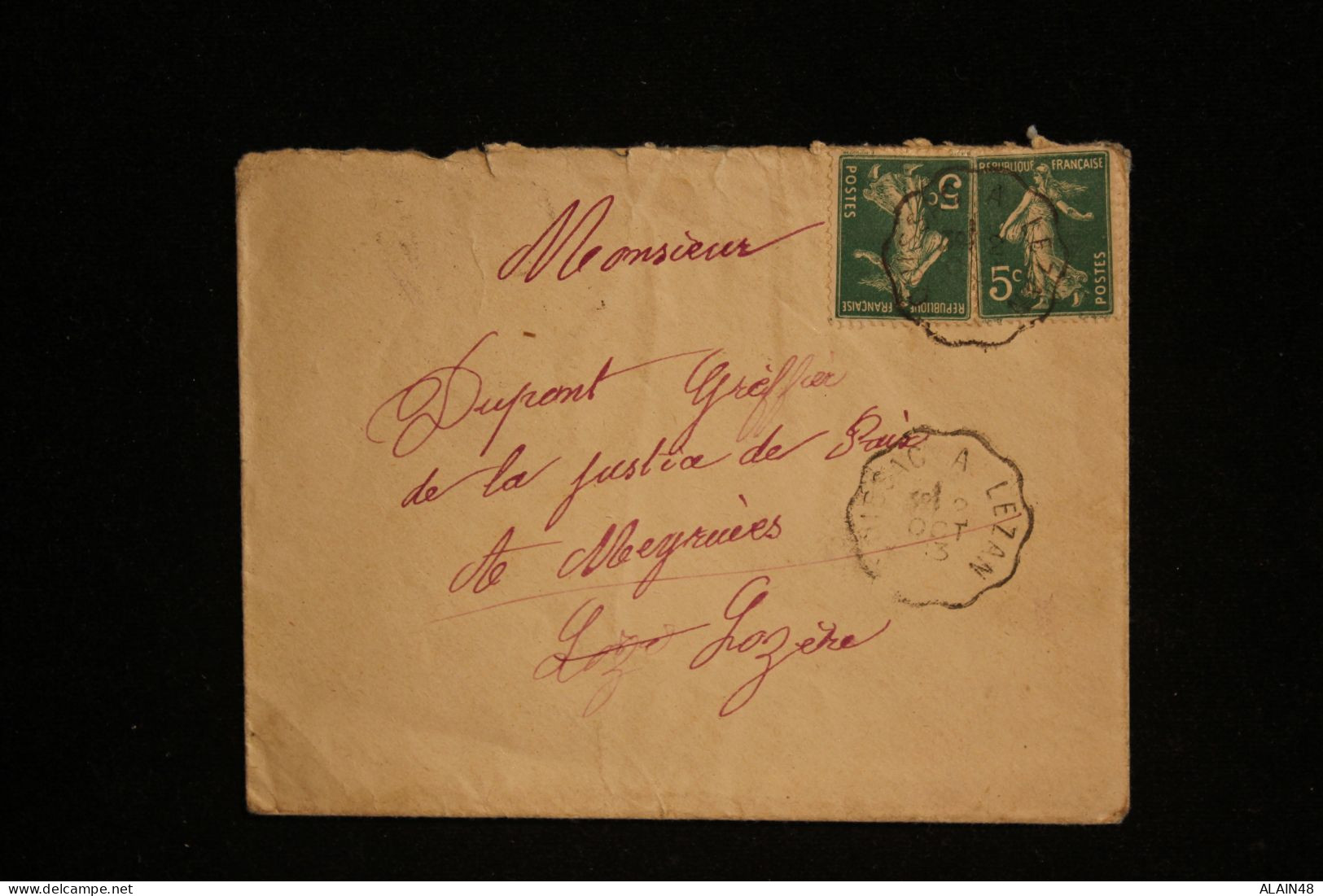 FRANCE LETTRE POUR MEYRUIES  AVEC 2ex DU N°137 SEMEUSE 5c ET CACHET AMBULANT DU QUISSAC A LEZAN (GARD) DU 02.10.1913 - Covers & Documents