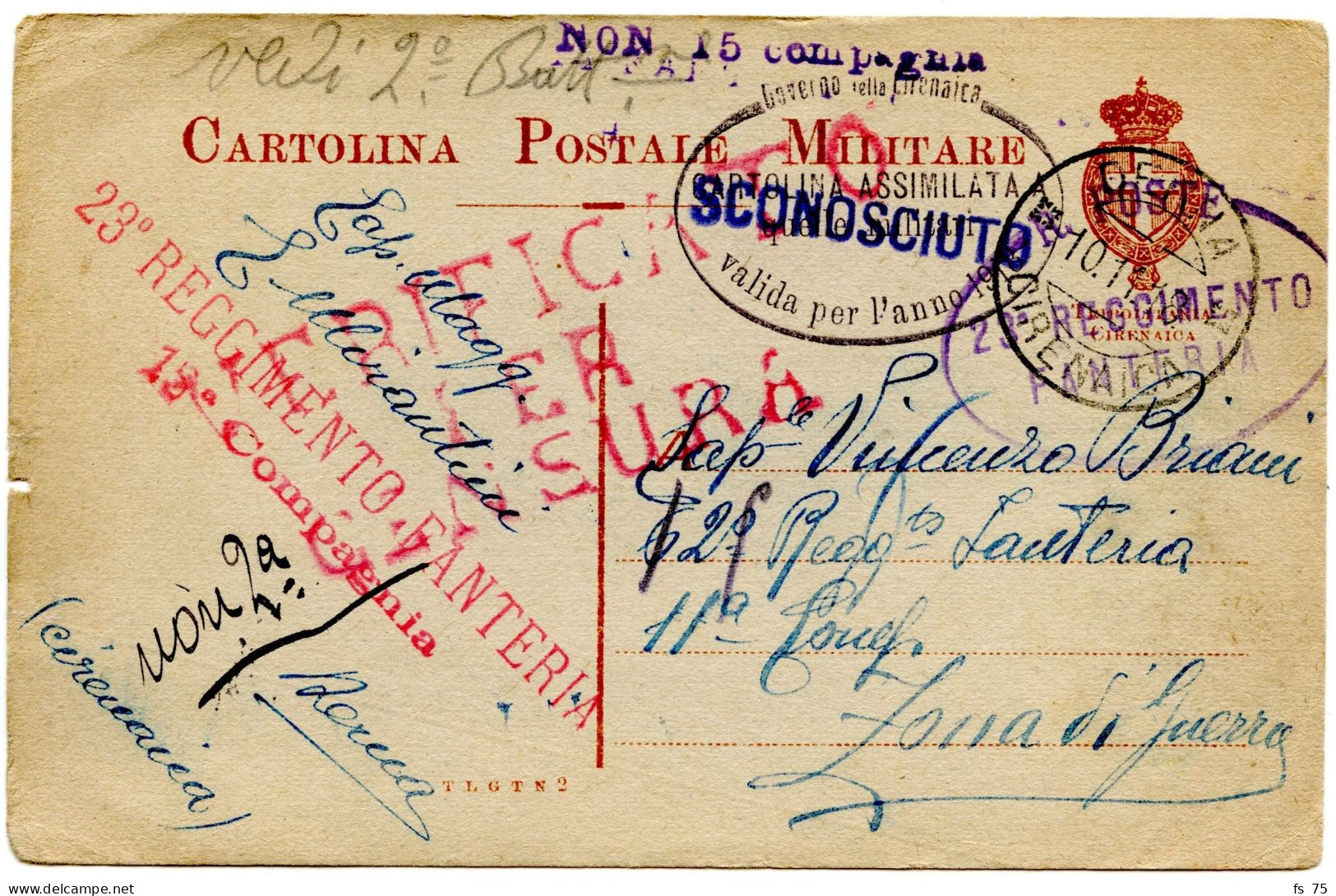 ITALIE - DENNA CIRENAICA + DIVERS CACHETS SUR CARTE DE FRANCHISE, 1915 - Cirenaica