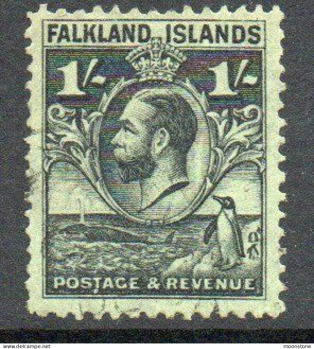 Falkland Islands GV 1929-37 'Whale & Penguin' 1/- Value, Line Perf, Wmk. Multiple Script CA, Used, SG 122a - Falklandeilanden