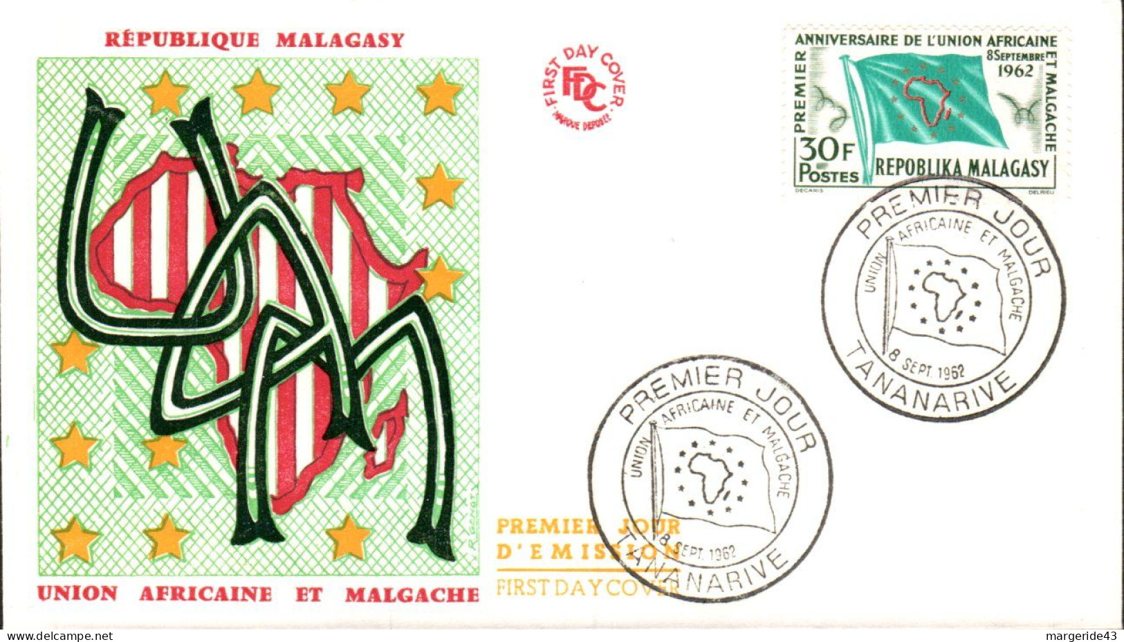 MADAGASCAR FDC 1962 UNION AFRICAINE ET MALGACHE - Madagascar (1960-...)