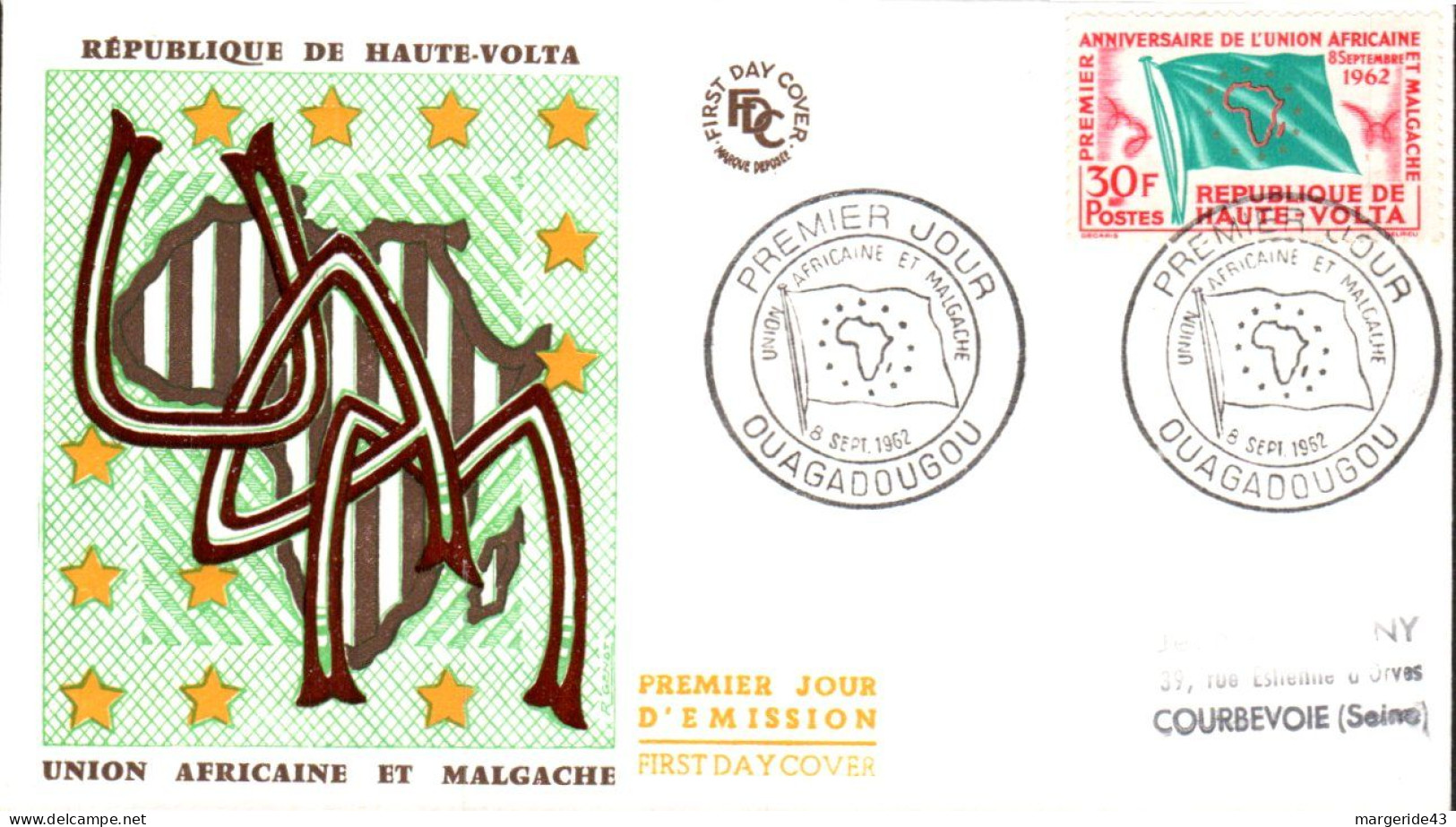 HAUTE VOLTA FDC 1962 UNION AFRICAINE ET MALGACHE - Obervolta (1958-1984)