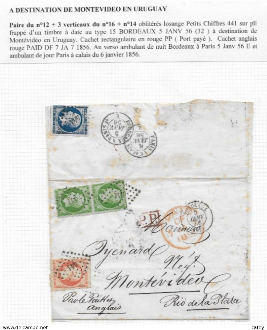 Destination URUGUAY Lettre De BORDEAUX  1856 Timbre Empire N° 12x2, 14, 16x3  P / MONTEVIDEO  Par Bateau  Anglais - 1853-1860 Napoleon III