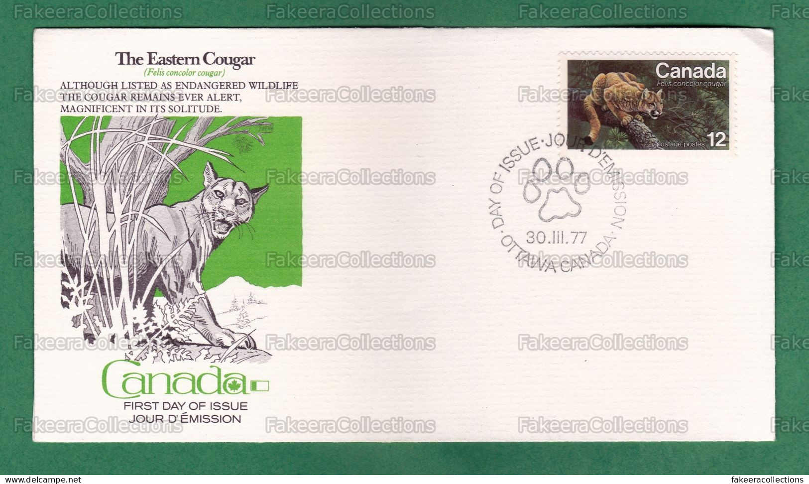 CANADA 1977 - EASTERN COUGAR 1v FDC - Felis Concolor Cougar, Animals, Puma, Mountain Lion - As Scan - Felini