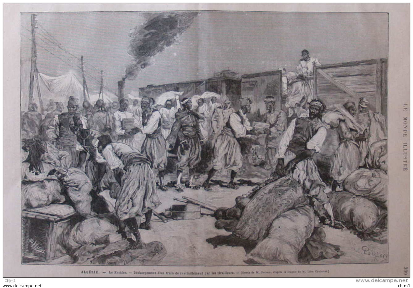 En Algérie - Le Kreider - Déchargement D'un Train De Ravitaillement Par Des Tirailleurs - Page Original  1881 - Historische Documenten