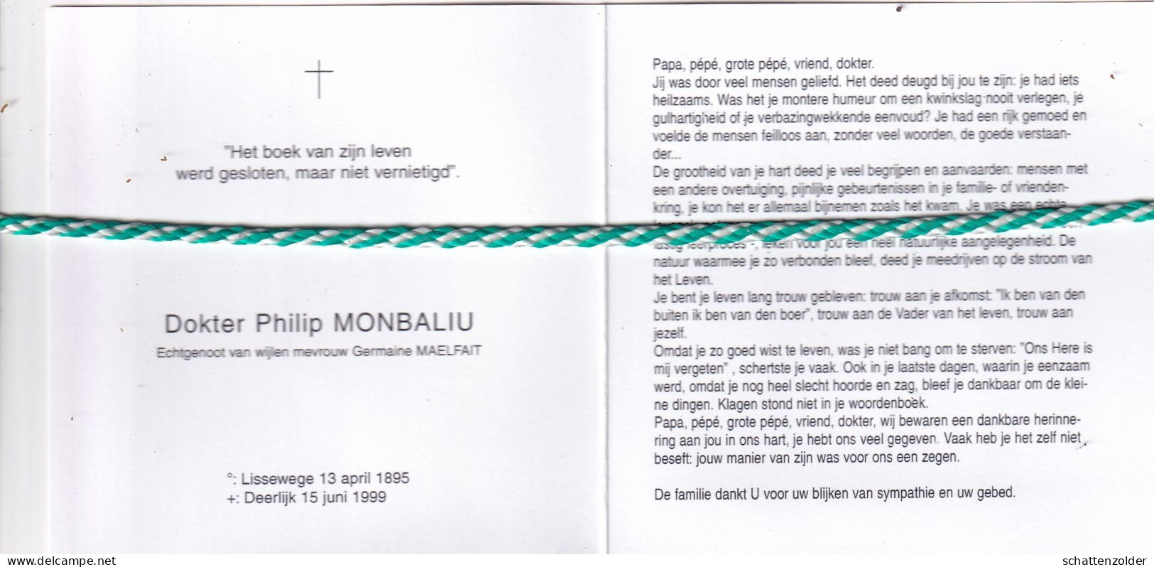 Dokter Philip Monbaliu-Maelfait, Lissewege 1895, Deerlijk 1999. Honderdjarige. Foto - Esquela