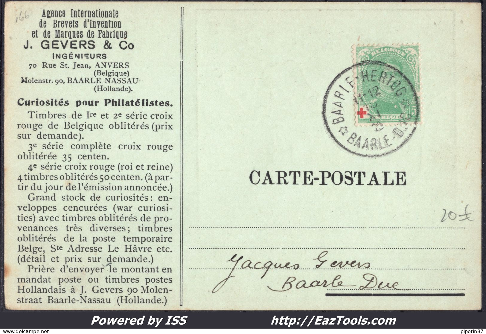 BELGIQUE N°129 SUR CARTE POSTALE AVEC CAD BAARLE HERTOG DU 16/11/1915 - 1914-1915 Cruz Roja