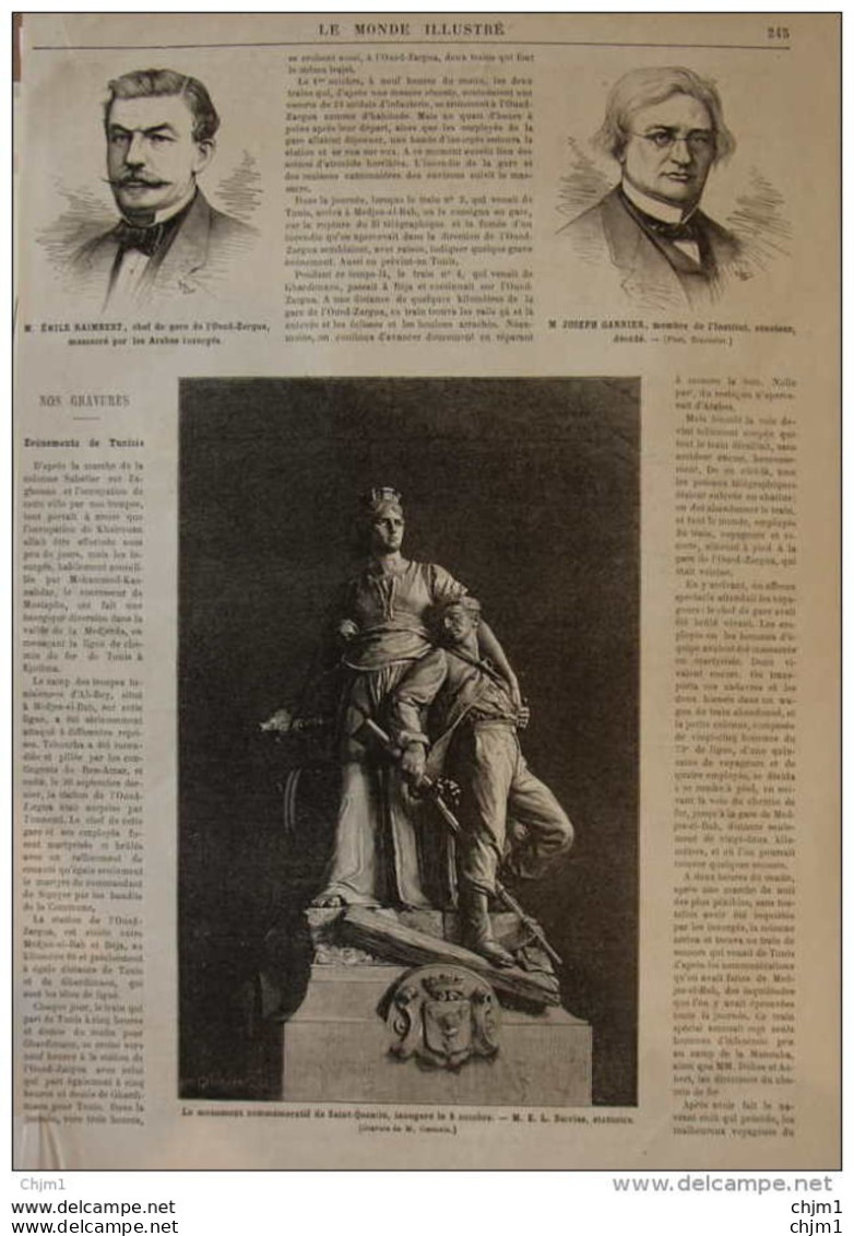 Joseph Garnier, Membre De L'Institut - Le Monument Commémoratif De Saint-Quentin - Page Original 1881 - Historical Documents