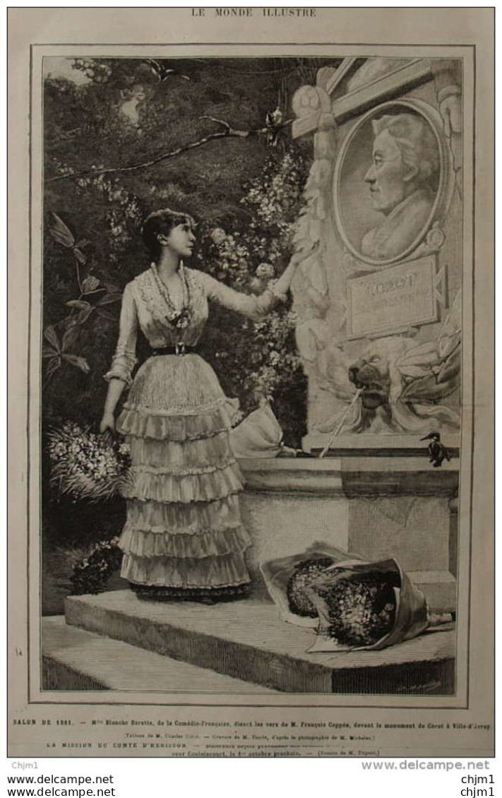 Mlle Blanche Baretta, De La Comédie-Francaise Devant Le Monument De Corot à Ville-d'Avray - Page Original 1881 - Historische Documenten