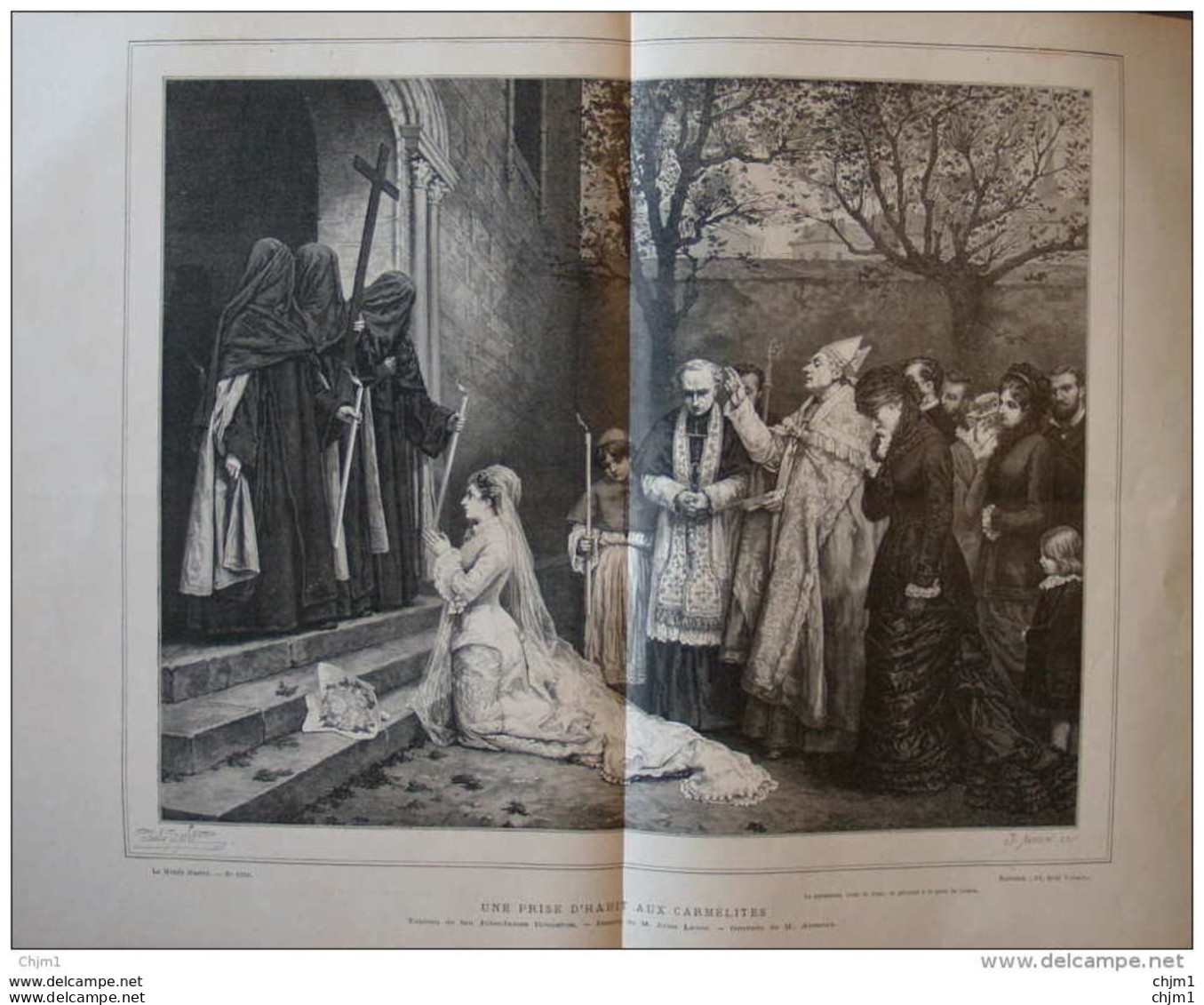 Une Prise D'habit Aux Carmélits, Dessin De M. Jules Lavée - Page Double Original 1881 - Historische Dokumente