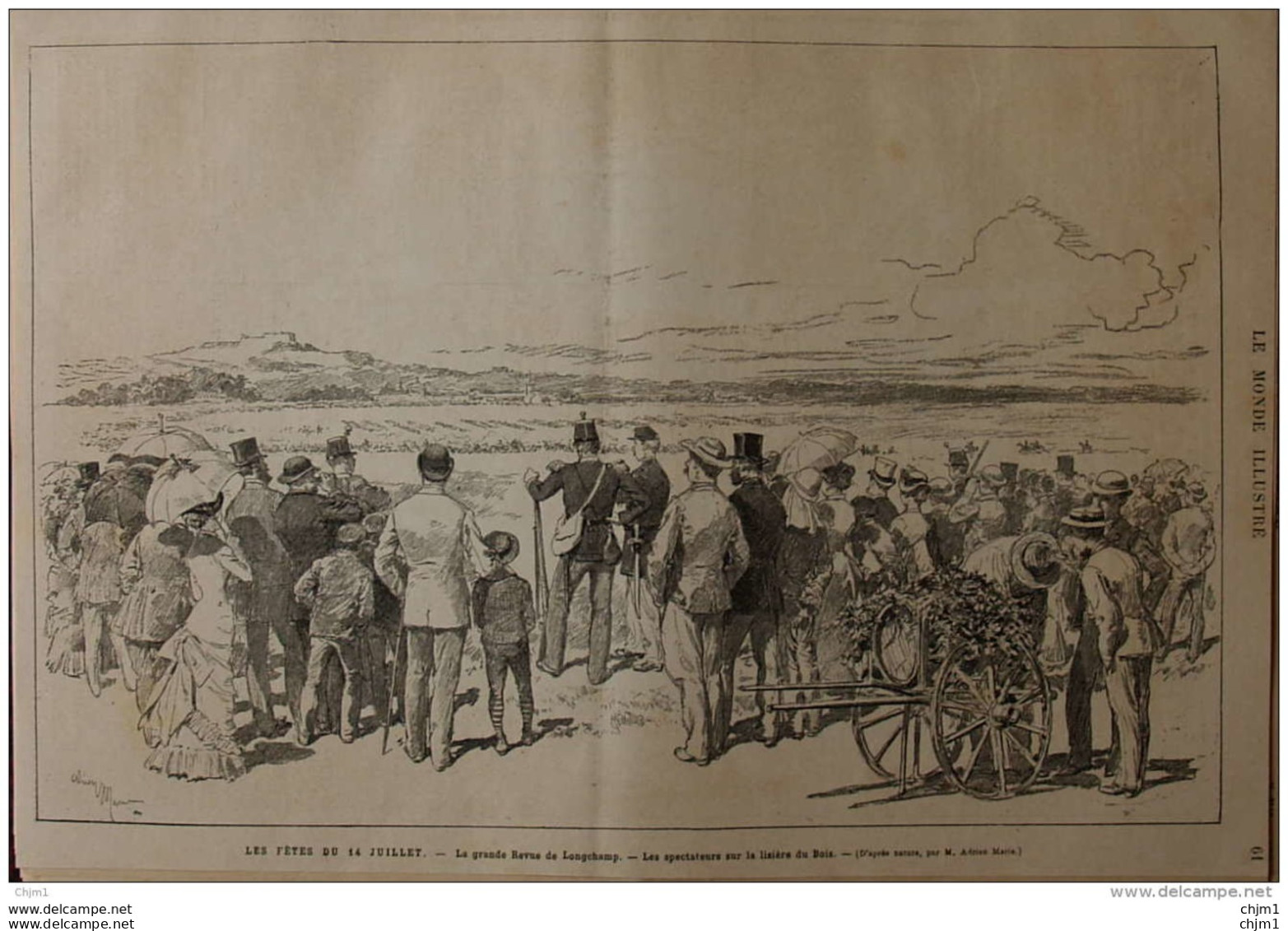 Les Fêtes Du 14 Juillet - La Grande Revue De Longchamp, Les Spectateurs Sur La Lisière Du Bois - Page Original 1881 - Historische Dokumente