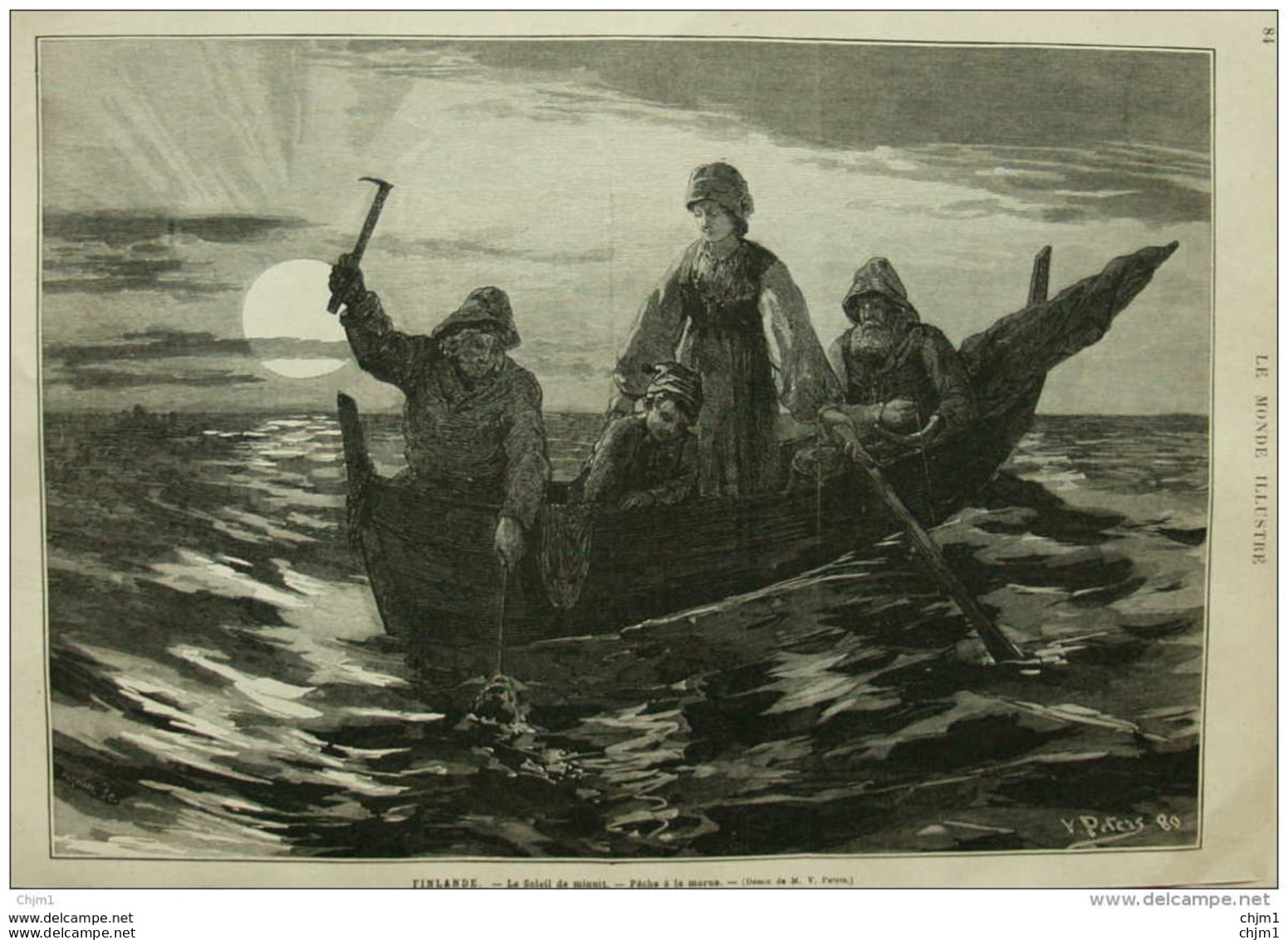 Finlande - Le Soleil De Minuit - Pêche à La Morue -  Page Original - 1881 - Historische Dokumente