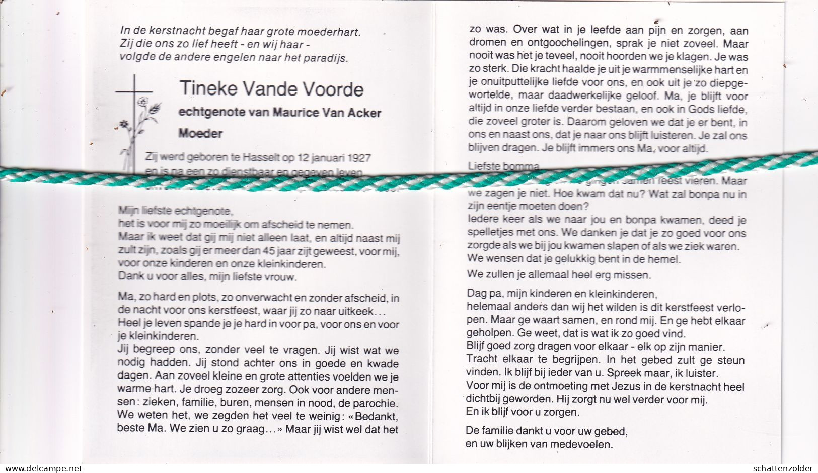 Tineke Vande Voorde-Van Acker, Hasselt 1927, Gent 1995. Foto - Todesanzeige