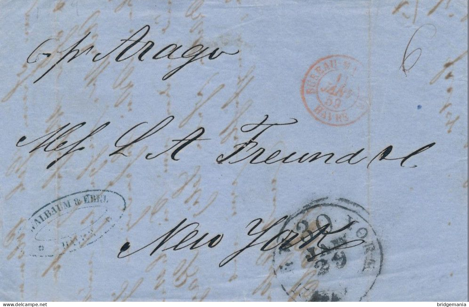 MTM152 - 1859 TRANSATLANTIC LETTER FRANCE TO USA Steamer ARAGO THE HAVRE LINE - UNPAID 2 RATE - Poststempel