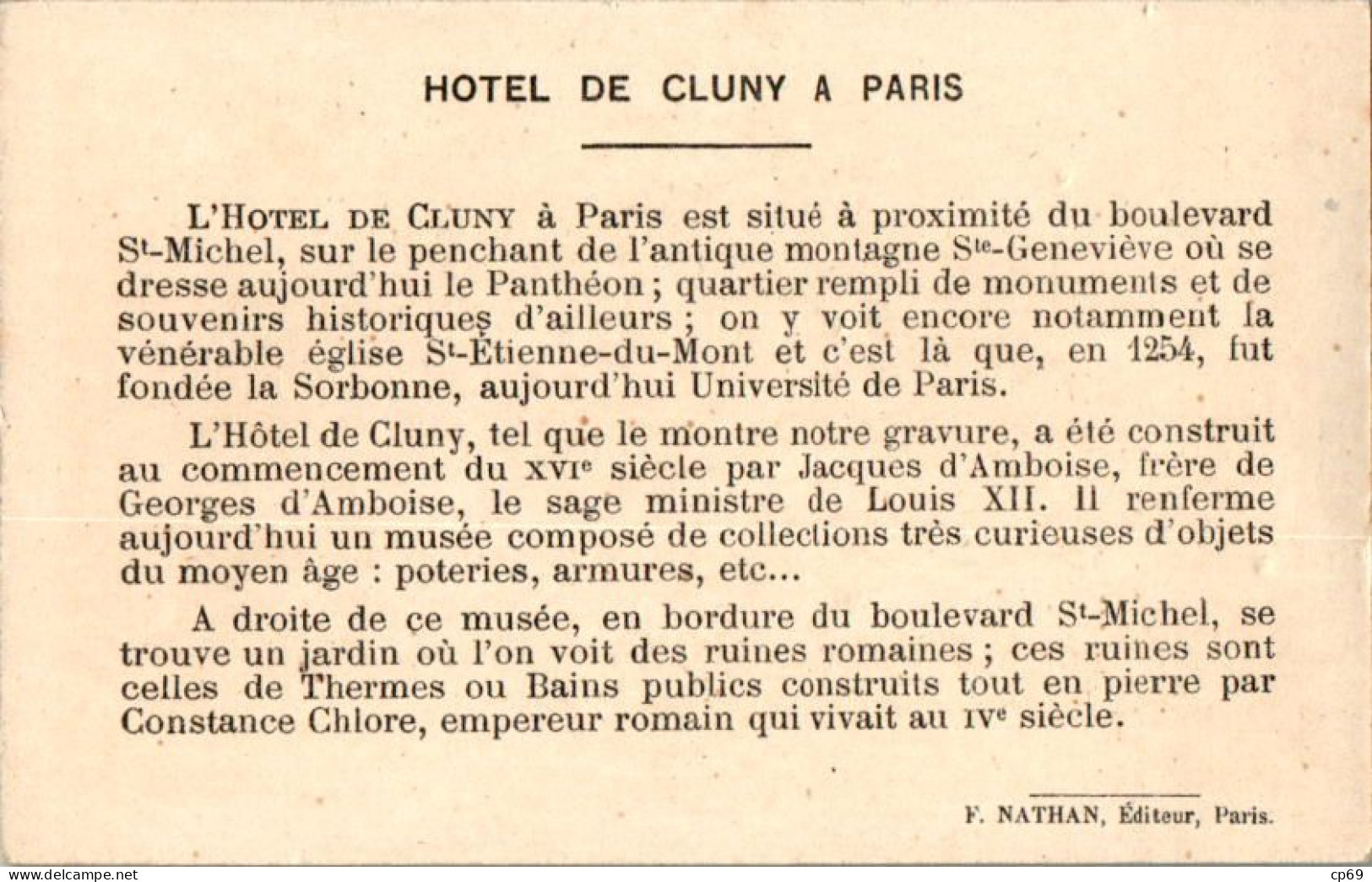 Image N°78 Hôtel De Cluny à Paris Département De La Seine (75) Texte Au Dos En TB.Etat - Autres & Non Classés