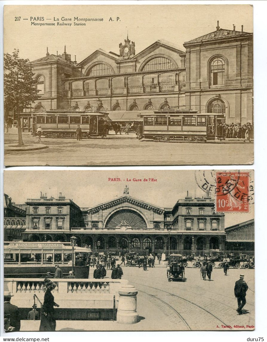 LOT 2 CPA * PARIS La Gare Montparnasse ( Beau Plan Tramways Tram ) & La Gare De L'Est ( Animée Autobus à Plateforme ) - Métro Parisien, Gares