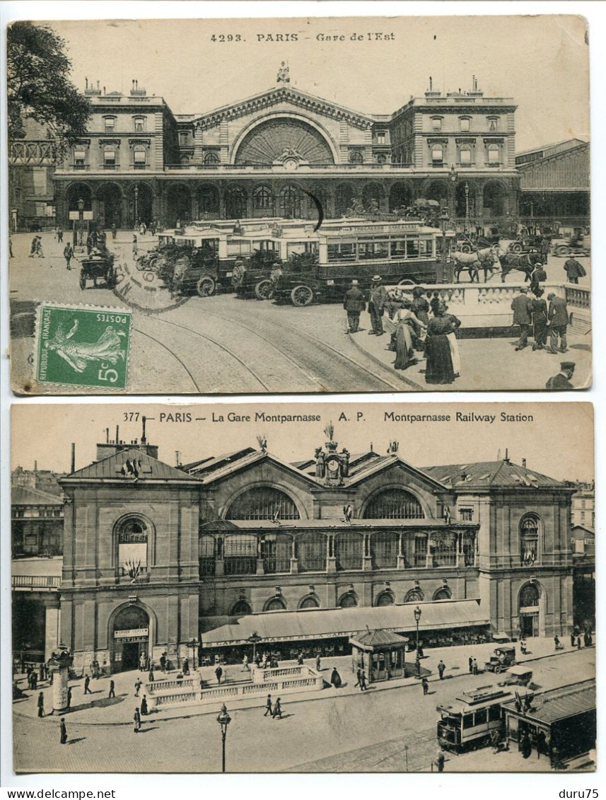 LOT 2 CPA * PARIS  Gare De L'Est (animée Beau Plan Autobus ) & La Gare Montparnasse ( Kiosque Tramway ) - Métro Parisien, Gares