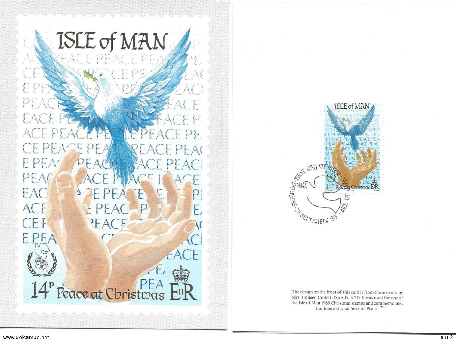 Isle Of Man 1986 Christmas: Peace, Mi 323   Card With Greeting From Posten Isle Of Man - Man (Ile De)