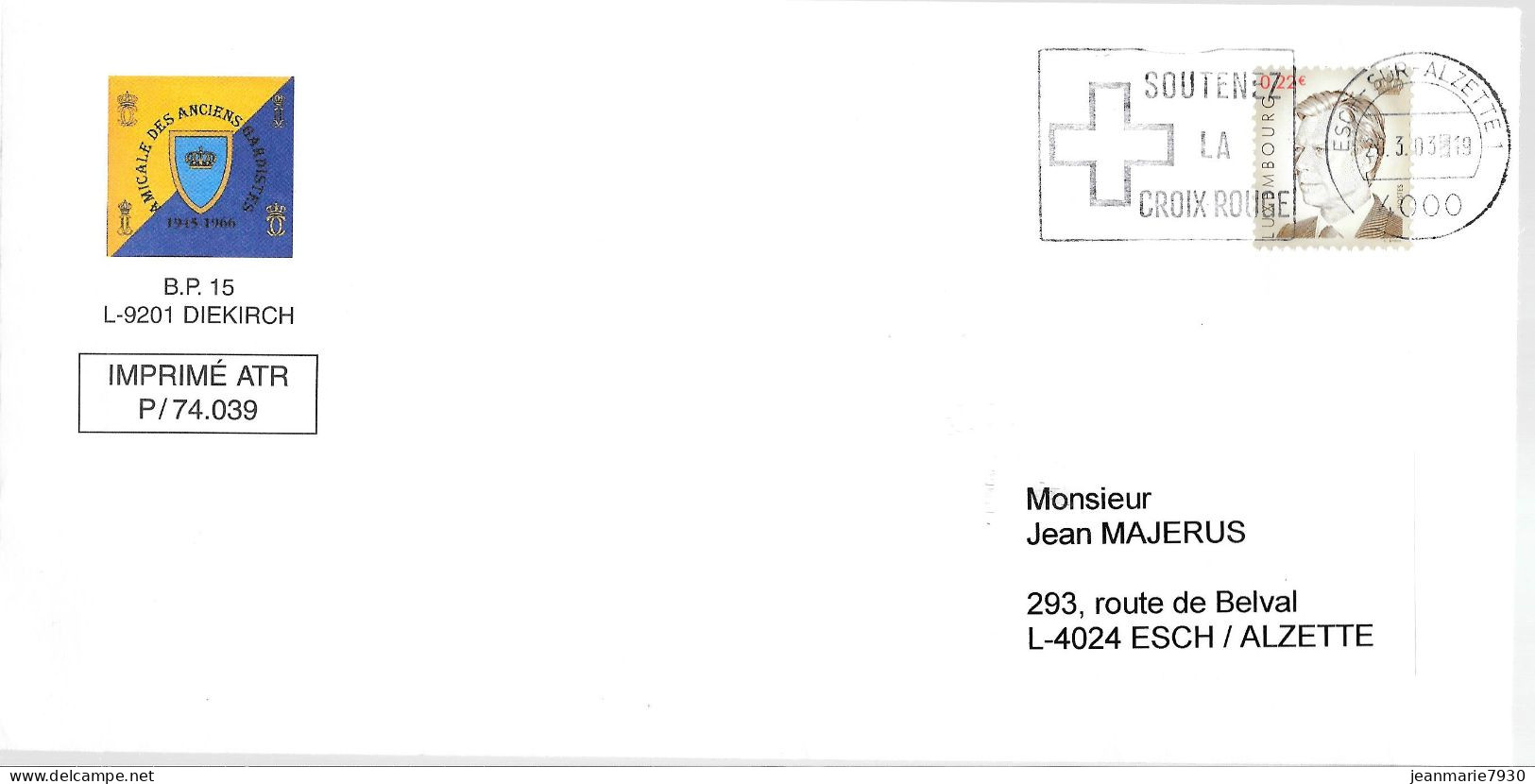 H380 - LETTRE DE ESCH SUR ALZETTE DU 20/03/03 - FLAMME CROIX ROUGE - IMPRIME - Cartas & Documentos