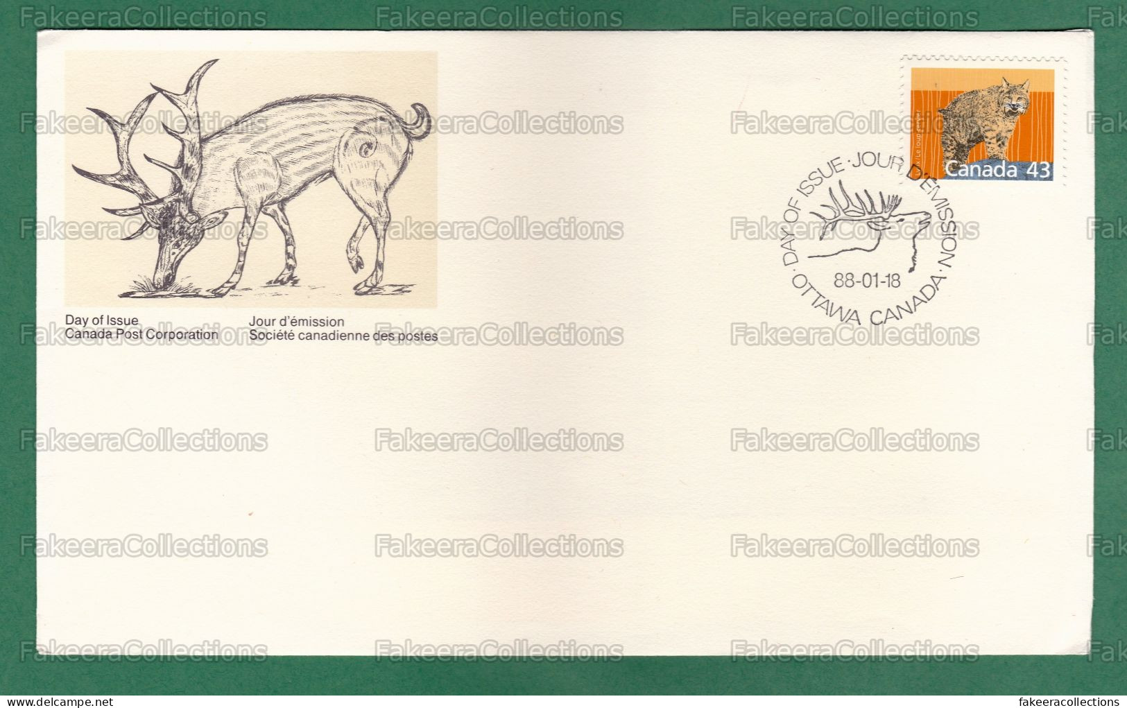 CANADA 1988 - THE LYNX 1v FDC - LYNX CANADENSIS, Animals, Elk CXL, Cervus Canadensis, Wapiti - As Scan - Roofkatten