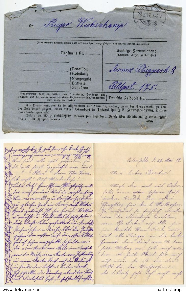 Germany 1917 WWI Feldpost Cover & Letter; Neuenkirchen To Armee Flugpark 8, Feldpost 175, Flieger Wiehenkamp (Aviator) - Feldpost (portvrij)