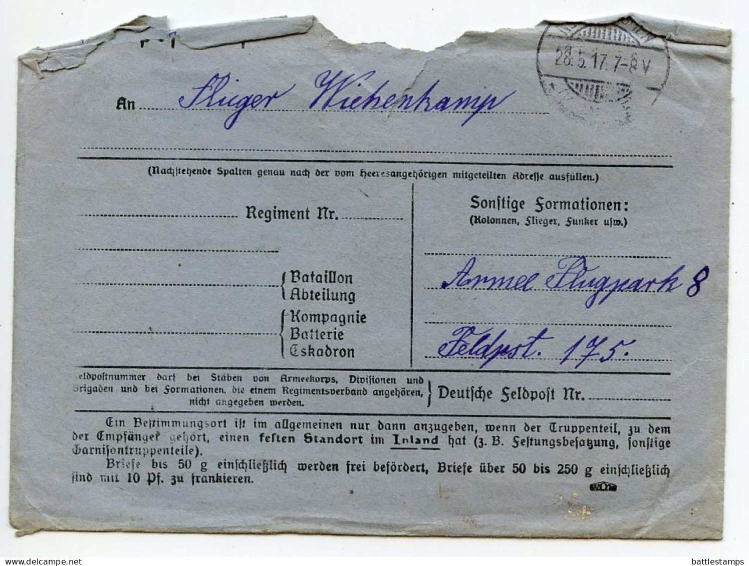 Germany 1917 WWI Feldpost Cover & Letter; Neuenkirchen To Armee Flugpark 8, Feldpost 175, Flieger Wiehenkamp (Aviator) - Feldpost (postage Free)
