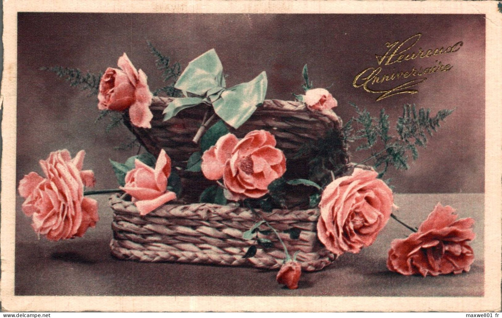 O5 - Carte Postale Fantaisie - Fleurs - Panier - Roses - Heureux Anniversaire - Compleanni