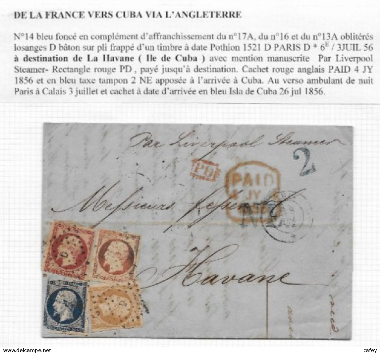 Destination CUBA  Lettre De PARIS  1856 Timbre Empire N° 14, 16x2,17  P / LA HAVANE  Par Bateau  Anglais - 1853-1860 Napoléon III.