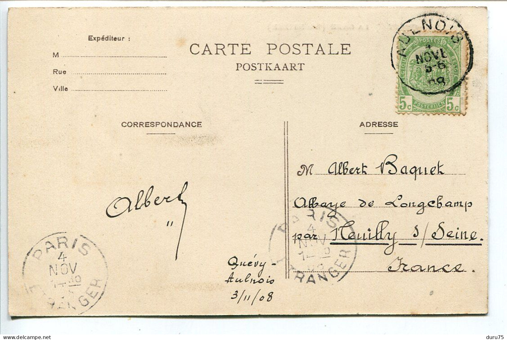CPA Couleur Voyagé 1908 * AULNOIS QUÉVY La GARE Frontière ( Intérieur Animée ) - Quévy