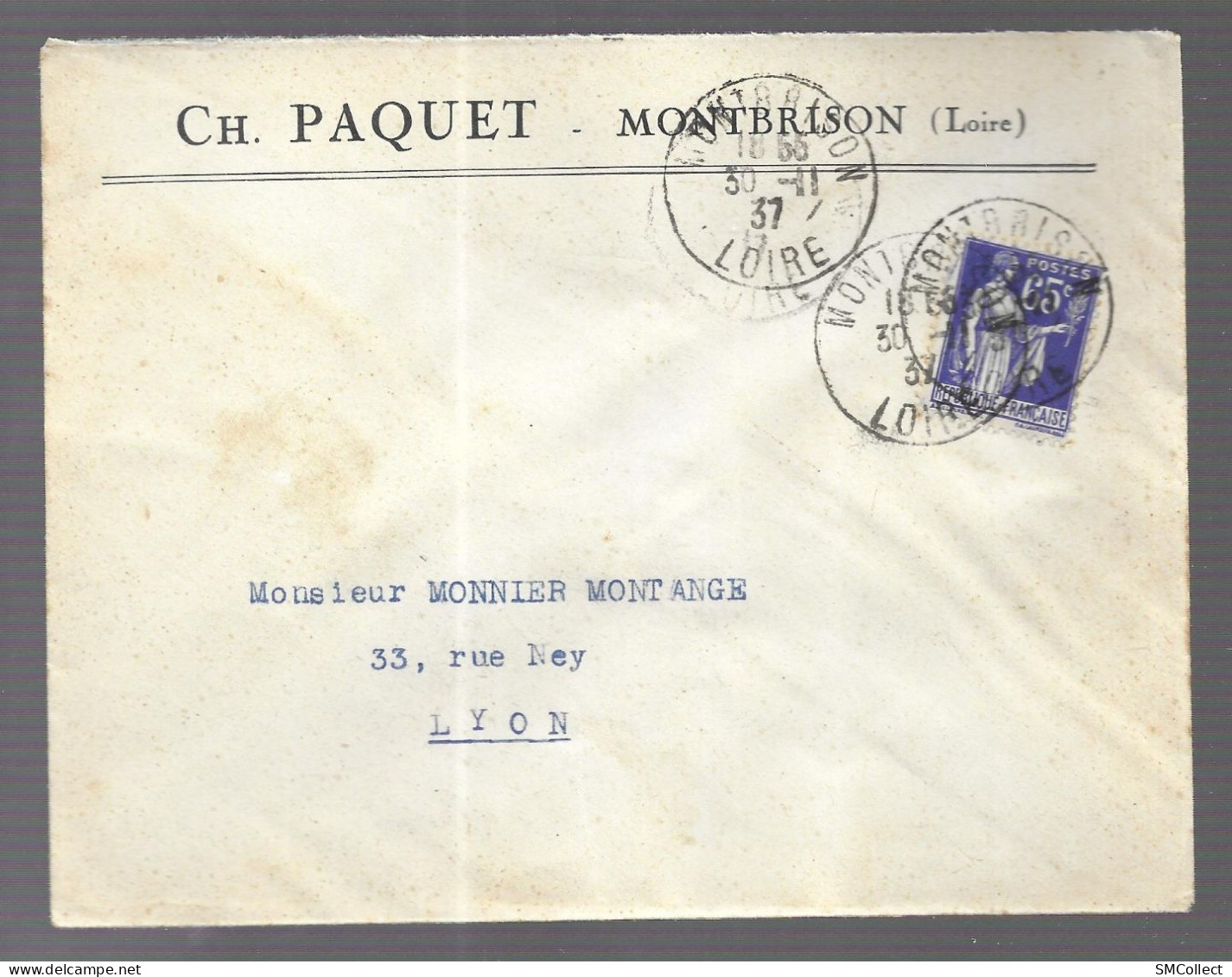 Montbrison 1937. Enveloppe à En-tête Ch. Paquet, Voyagée Vers Lyon - 1921-1960: Période Moderne