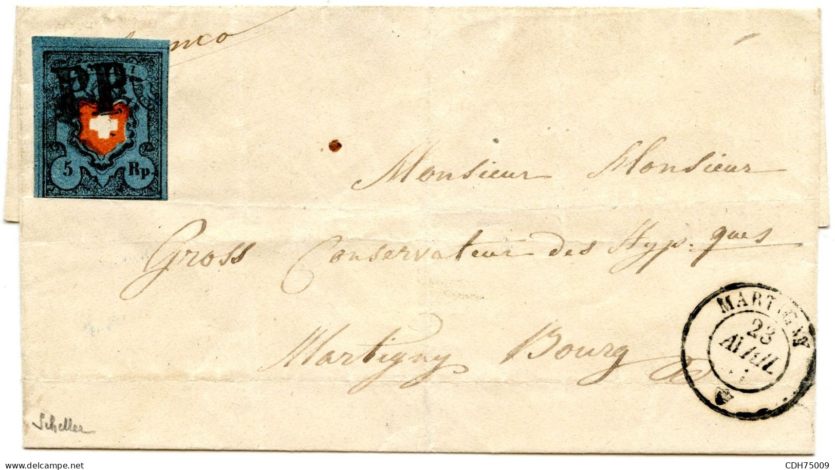 SUISSE - SBK 15 II LEGEREMENT TOUCHE EN BAS SUR LETTRE INCOMPLETE DE MARTIGNY - SIGNEE SCHELLER - 1843-1852 Correos Federales Y Cantonales