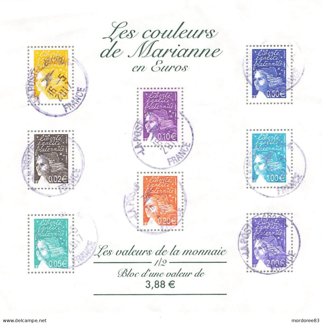 FRANCE 2002 BLOC FEUILLET  - BF 44 - LES COULEURS DE MARIANNE EN EUROS OBLITERE - Oblitérés