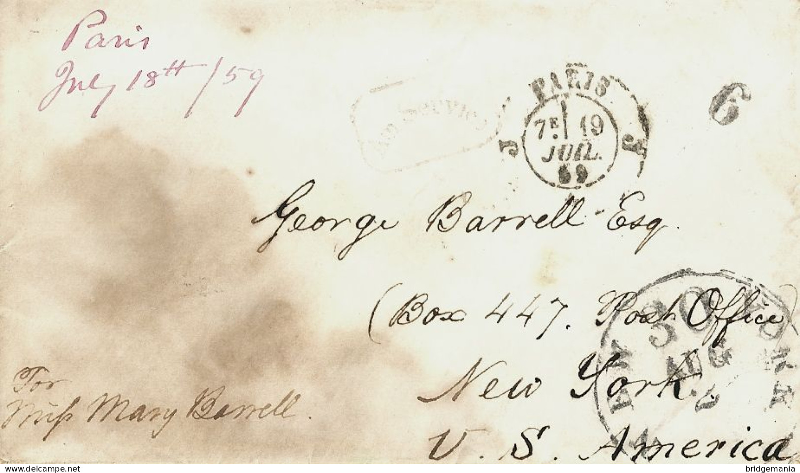 MTM153 - 1859 TRANSATLANTIC LETTER FRANCE TO USA Steamer OCEAN QUEEN VANDERBILT LINE - UNPAID 2 RATE - Marcofilia