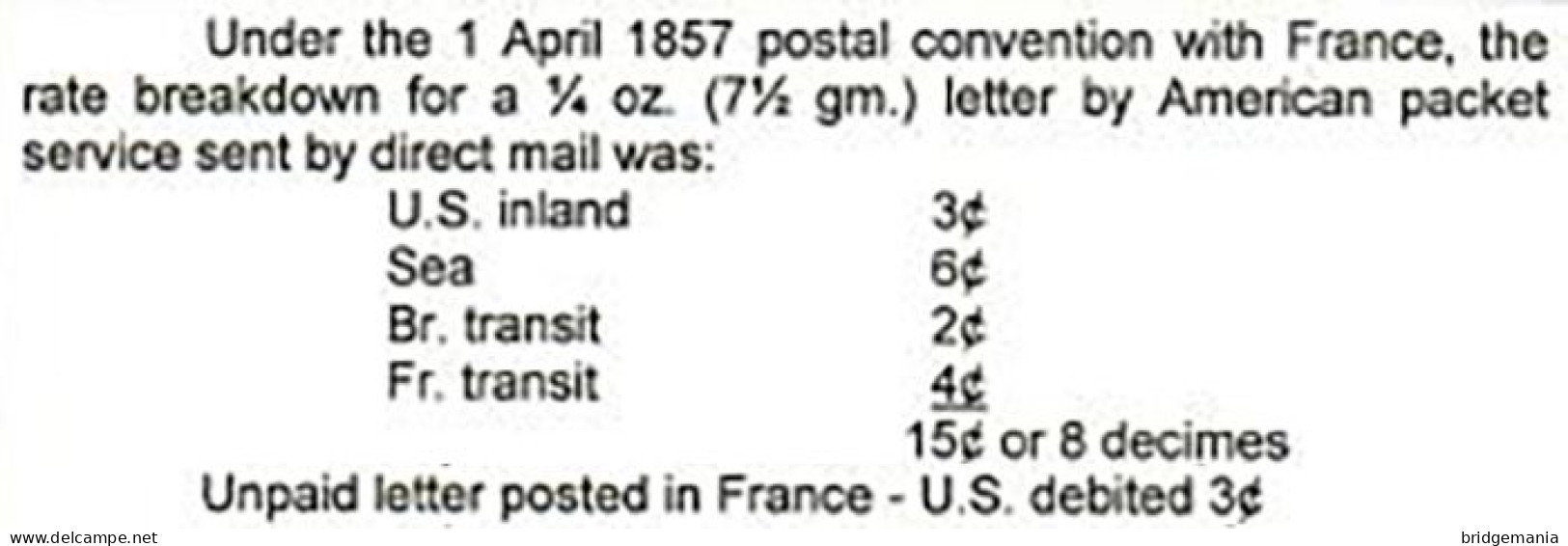 MTM153 - 1859 TRANSATLANTIC LETTER FRANCE TO USA Steamer OCEAN QUEEN VANDERBILT LINE - UNPAID 2 RATE - Postal History